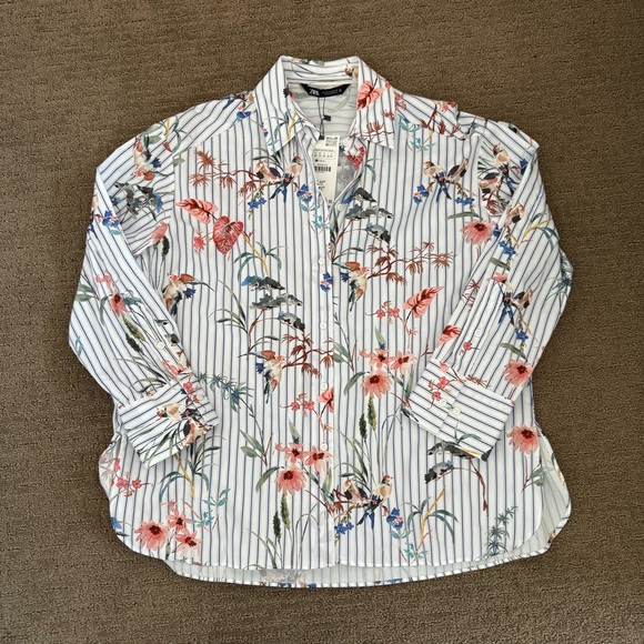 Zara Tops - Floral Striped Oversized Shirt